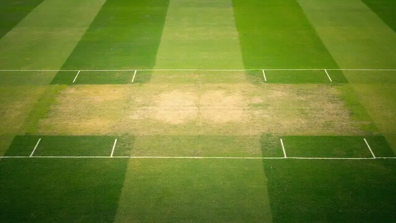 Overhead aerial photograph of an empty cricket pitch with grass mowing patterns and standard cricket markings.