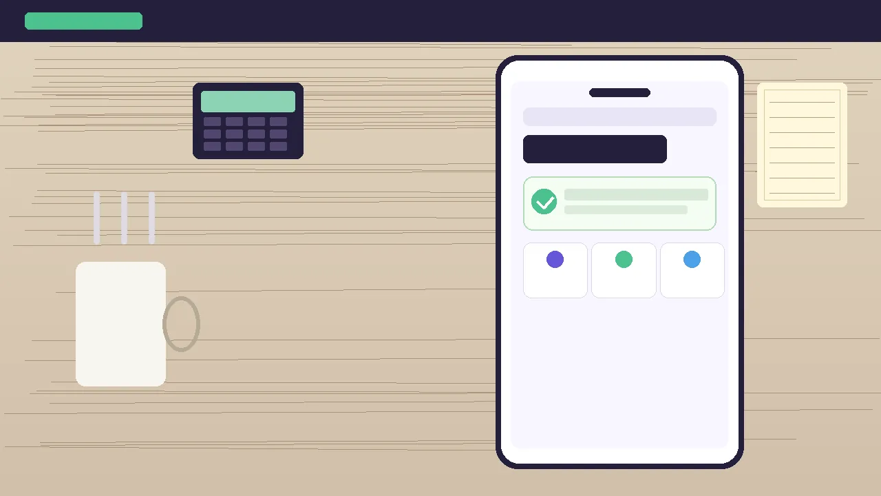 Medium overhead editorial scene of a smartphone on a wooden desk with a small dark calculator, a notepad, a ceramic mug, and the phone screen showing a 'wallet ready' card with a green check after KYC.